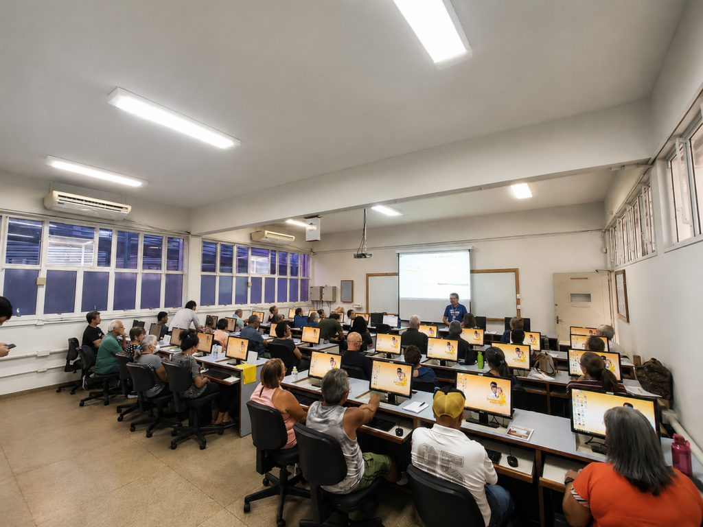 Iniciativas de extensão universitária promovem a inclusão digital prática, devolvendo a independência e a segurança aos participantes da terceira idade. (Foto: Gislane Santana, UCB) 